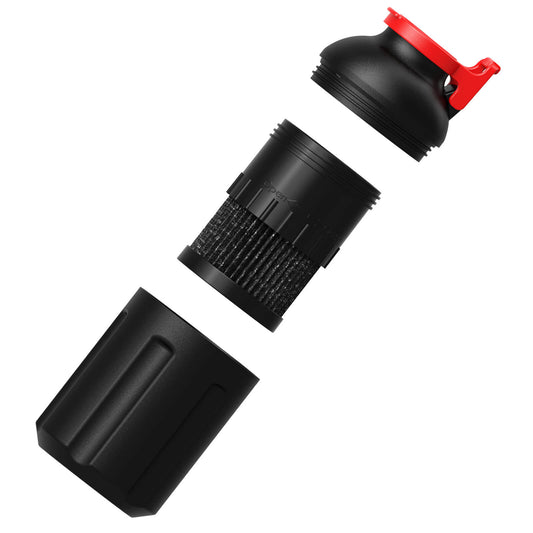 Exploded view of black Smoke Hunter 4.0 casing and core showcasing washable pre filter sponge structure