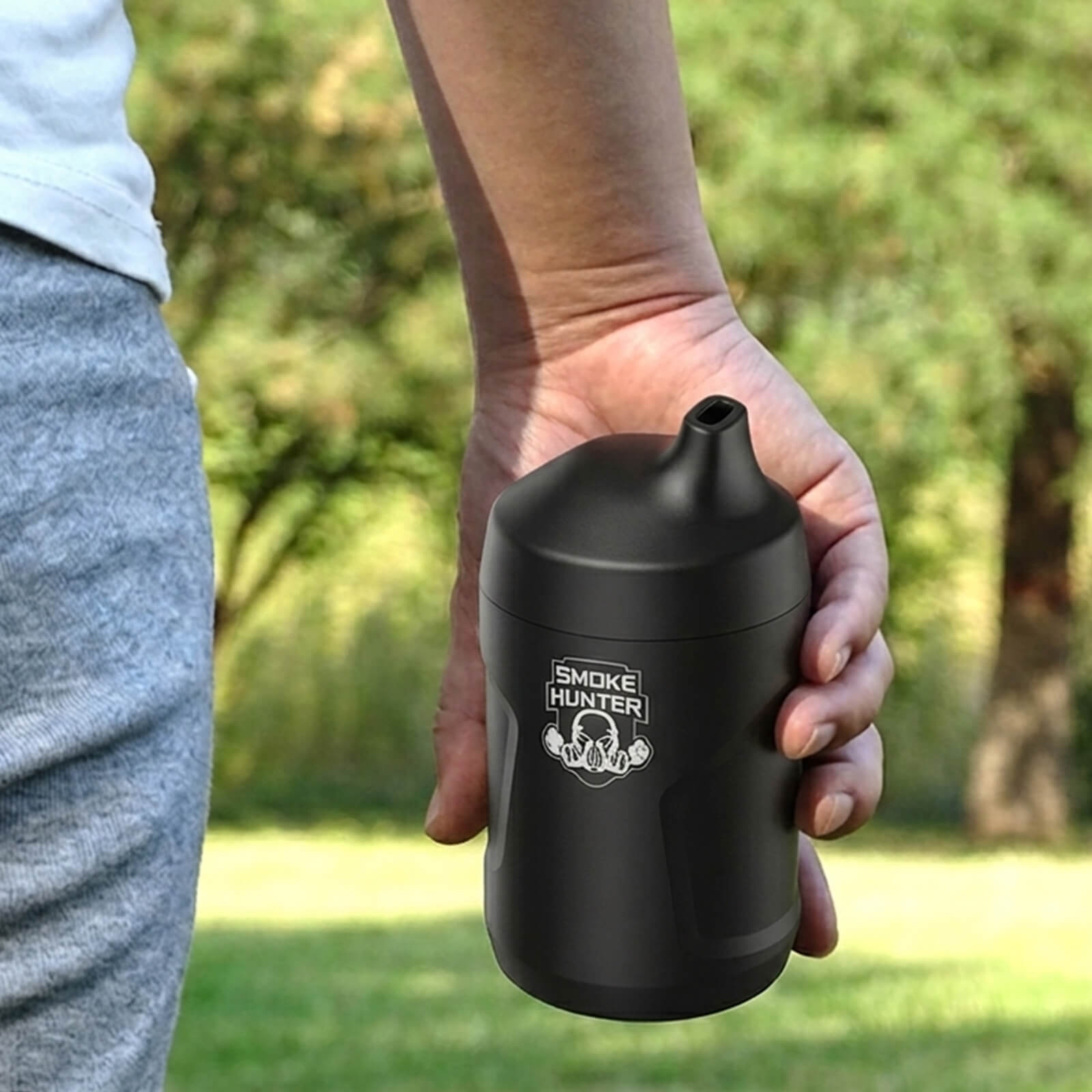 Portable pocket size of black Smoke Hunter 2.0 handheld sploof device for stealth car and outdoor travel use